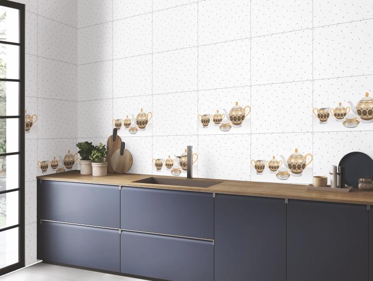 Elegant I kitchen design with navy cabinets, wooden countertop, decorative backsplash, modern sink, and natural lighting.